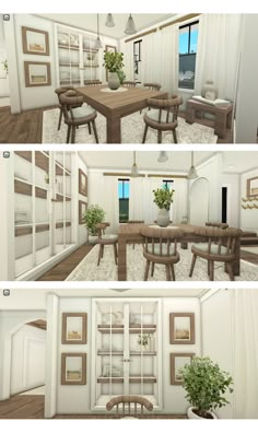 three different views of a dining room and living room