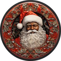 Christmas Sign, Traditional Santa, DECOE-4660, Sign For Wreath, 10 Round Metal Sign - DecoExchange® Wreath Centers, Santa Wreath, Wreath Home Decor, Wreath Maker, Black Santa, Holiday Wall Decor, Easter Signs, Faux Stained Glass, Santa Clause