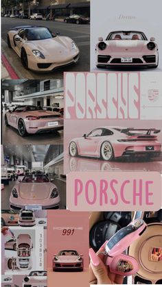 a collage of photos with different cars in pink and white, including the porsche logo