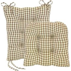 two brown and white checkered cushions with ties