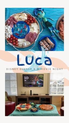 the poster for loca disney dinner and movie night is displayed in front of a flat screen tv