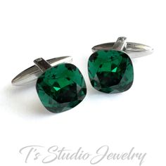 Emerald Green Swarovski Crystal Cushion Cut Cufflinks -  Dark Green and Silver Cuff Links 10% off - 3 or more pairs 15% off - 6 or more pairs 20% off - 10 or more pairs Contact me to set up a custom listing if ordering more than two pair. These elegant cufflinks make a great accessory for any wedding, as well as the perfect gift for your best man or groomsmen. They are made with Swarovski Cushion Cut Crystals with a silver base.  Cufflink crystal stones measure 12mm square. The Swarovski crystals are available in several colors. Please see color chart in photos, and make a note upon checkout of your desired color.  If you send me a link or photo to a color you are trying to match, I will find the perfect color stone for your needs. I am happy to help you coordinate your bridal, bridesmaid, Classic Green Cufflinks As Gift, Classic Green Cufflinks For Gift, Emerald Cufflinks, Dark Green And Silver, Wedding Cuff Links, Wedding Cuff, Green And Silver, Wedding Accessories Jewelry, Cufflinks Wedding