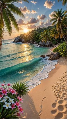 the sun is setting over an ocean beach with footprints in the sand and palm trees