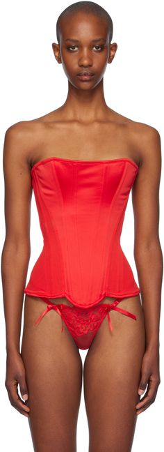 Polyester satin and mesh corset. Boning throughout. · Straight neck · Lace-up fastening at back · Partial jersey lining · Gold-tone hardware Supplier color: Red Satin Corset Top, Corset Boning, Mesh Corset, Red Corset, Satin Corset, Only Jeans, Heritage Fashion, Peplum Hem, Designer Lingerie