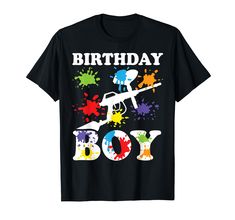 a black birthday boy shirt with paint splattered on the chest and an airplane