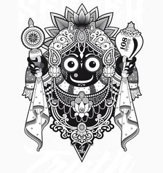 an artistic black and white drawing of the face of hindu god, with ornate ornaments