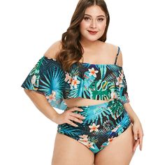 Open Shoulder Leaves Print Plus Size Tankini Set - 4R85344913 - Women's Clothing, Plus Size Women's Clothing  #PlusSizeWomensClothing #Women's #Clothing # #Plus #Size #Women's #Clothing Crop Top Swimwear, Animal Print Swimsuit, Printed Tankini, Leaves Print, Trendy Swimwear, Tankini Set, Trendy Plus Size Clothing