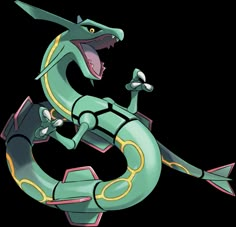 the green and yellow pokemon figure is holding an object in its hand, with it's mouth open