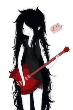 a girl with long black hair holding a red guitar