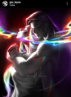 two people are hugging in the dark with colorful lines coming out of their faces and arms