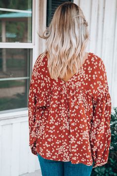 Floral Pattern Bubble Sleeve Loose Blouse Babydoll Style, Tops Long Sleeve, Bubble Sleeve, Loose Shirts, Loose Blouse, Fashion Pattern, Knitted Tshirt, Floral Style, Red Blouses