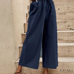 Lasaky - Contemporary Elastic Waist Wide Leg Pants: A Stylish Addition to Your Wardrobe Wide Leg Cropped Pants, Plus Size Pants, Pantalon Large, Navy Women, Cropped Pants, Leg Pants, Wide Leg Pants, Elastic Waist, Wide Leg