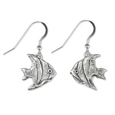 "Uniquely different angelfish earrings in sterling silver are ideal for gift giving! If she is a Pisces or a fresh water fish fancier, they're sure to be a hit. Also a lovely gift for a snorkeler! Each fish earring measures ¾\" wide and is ¾\" tall, and the pair is lightweight and comfy to wear. //HOW WERE THESE MADE?// *My name is Merry Rosenfield and I am the artist for The Magic Zoo. I created the original for this piece in my home studio. This design was completely made by hand *After comple Handmade Fish-shaped Earrings For Gifts, Fish Jewelry Silver, Silver Fish-shaped Sterling Silver Earrings, Sterling Silver Fish-shaped Jewelry, Silver Fish-shaped Earrings With Fish Hooks, Fish Earrings, Oc Board, Silver Fish, Angel Fish