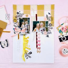 an open scrapbook with photos and ribbons