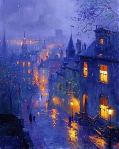 a painting of people walking in the rain at night