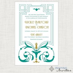 a wedding card with an ornate design on the front and back, in teal green