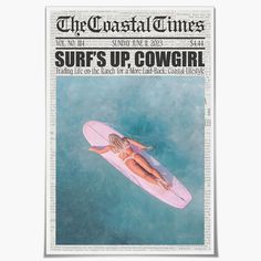 a woman laying on top of a surfboard in the middle of the ocean with words above her