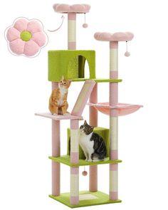 two cats sitting on top of a cat tree with pink and green carpeting, one in the foreground