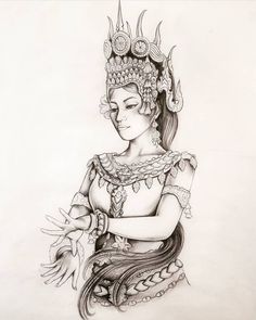 a pencil drawing of a woman wearing a headdress and holding her arms crossed