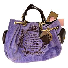 Vintage Juicy Couture Purple Velour Royal Juicy Fairy Tale Shoulder Bag/ Purse  New with tags, hard to find Approx. Measurements: 10.5" x 8" x 4" Alt Wardrobe, Mcbling Outfits, Juicy Purse, 2000s Purse, Y2k Bags, Vintage Juicy Couture, Dream Bags, Juicy Couture Purse, Duck Nails