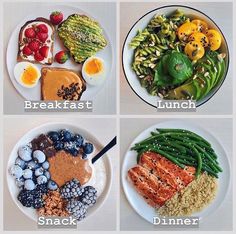 a balanced meal plan for a day. Breakfast includes toast with avocado and eggs, lunch is pasta with vegetables, snack is yogurt with fruit and nuts, and dinner is salmon with vegetables and quinoa#HealthyEating
#CleanEating#MealPrep#
HealthyLifestyle#FitnessGoals
#FoodInspiration#BalancedDiet
#Nutrition#HealthyFood#MealIdeas Healthy Food For Breakfast, Dinner Images, Food For Breakfast, Pasti Fit, Resep Diet, Makanan Diet, Good Healthy Recipes