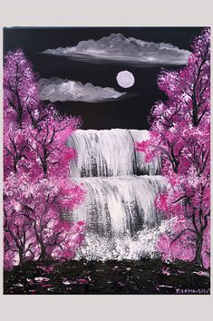 a painting of a waterfall with pink trees in the foreground and a full moon in the background