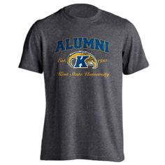 an adult gray t - shirt with the school's logo and letters on it