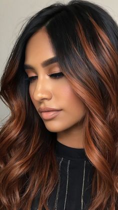 Copper Highlights: Sophisticated Copper on Dark Hair Copper On Dark Hair, Dark Hair With Copper, Dark Hair With Copper Highlights, Copper Highlights On Black Hair, Hair Copper Highlights, Hair With Copper Highlights, Highlights On Black Hair, Tapered Afro, Short Haircuts For Black Women