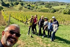 a group of people standing on top of a lush green field next to a vineyard