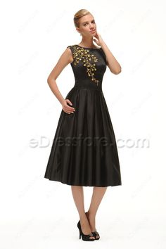 Modest Black Cocktail Dress Tea Length with Golden Embroidery Black And Gold Midi Dress, Gold Knee-length Evening Midi Dress, Gold Midi Length Evening Dress, Black Evening Dress With Gold Embroidery, Gold Embroidered Evening Dress, Elegant Evening Dress With Gold Embroidery For Parties, Gold A-line Midi Dress For Evening, Black Dress With Gold Embroidery For Party, Black Dinner Dress