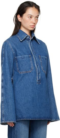 Non-stretch denim shirt. Fading throughout. · Spread collar · Press-stud placket · Patch pockets · Vented side seams · Flared sleeves · Central seam at back · Contrast stitching in tan Supplier color: Blue wash Studio Blue, Contrast Stitch, Flared Sleeves, Fall Dresses, Denim Shirt, Stretch Denim, Apparel Accessories, Top Shirt, Color Blue