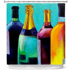 three bottles of wine on a blue background shower curtain featuring four different colors and sizes