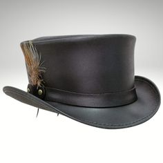 Adjustable Leather Top Hat With Curved Brim, Black Leather Western Top Hat, Western Leather Top Hat With Short Brim, Brown Leather Hat Bands For Formal Occasions, Western Black Leather Top Hat, Fitted Leather Top Hat With Short Brim, Black Leather Top Hat With Flat Brim, Black Leather Brimmed Top Hat, Classic Leather Hat With Flat Bill