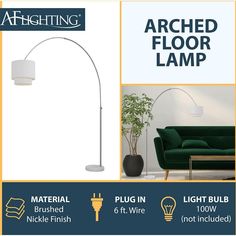 the arch floor lamp is available in multiple colors and sizes, including white or green