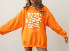 Cheap Orange Graphic Design T-shirt, Orange Letter Print Crew Neck Hoodie, Orange Sweatshirt, Sweatshirt Model, Sweatshirt Mockup, Save Image, Your Design, Mock Up, Design Store