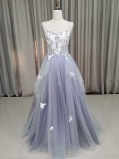 A line Tulle Lace Long Formal Dress Outfits For Girls Prom Dresses Short Blue, Formal Dress Lace, Blue Tulle Prom Dress, Dress Sweet 16, Ivory Bridal Gown, Long Gown For Wedding, Sweet 16 Dress, Long Party Dress, Lace Summer Dresses