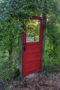 an open red door surrounded by greenery