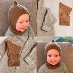 two photos of a baby wearing a knitted bear outfit and hat, with the same sweater on it