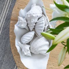 some sea shells are in a bowl on a table