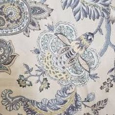 an image of a blue and white fabric with floral designs on the bottom half of it