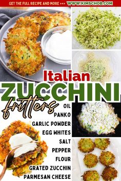 italian zucchini fritters recipe collage with text overlay and images