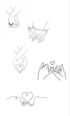 four different hand gestures drawn in one line and on the other side, with two hands touching each other