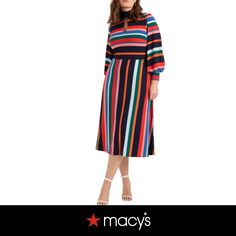 in stock Chic Striped Dresses For Fall, Chic Striped Fall Dresses, Chic Spring Dresses With Contrast Stripes, Spring Workwear Dresses With Contrast Stripes, Striped Midi Dress For Brunch, Women's A Line Dresses, Dress With Puff Sleeves, Rainbow Stripes, Puff Sleeves