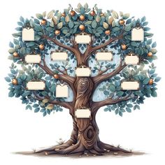 a family tree with four frames hanging from it's sides and leaves on the branches