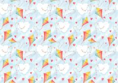 a pattern with hearts and rainbow kites on a blue background that has clouds in the sky