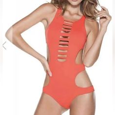 Authentic Ondademar Swimsuit! A Sultry One Piece Swimsuit With A Sporty Chic Vibe, High Neckline With Strappy Cutout Front, Cutout Details Along The Sides, Open Back With Graphic Strapping, Hook Closure With 3 Loops For Adjustability In The Back, Offers Moderate Backside Coverage, 90% Nylon, 10% Spandex, Hook Closure At Back With Three Setting Options Cutout Halter Neck Tankini For Beachwear, Sleeveless Cutout One-piece Beachwear, Beachwear Cutout Tankini, Beachwear Tankini With Cutout For Swimming, Beachwear Tankini With Cutout For Beach Party, Beach Party Tankini With Cutout Detail, Cutout Sleeveless Swimwear For Sunbathing, Cutout One-piece Swimwear For Pool, Beachwear One Piece With Cutout For Pool