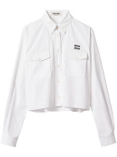 Miu Miu logo-embroidered Cropped Poplin Shirt - Farfetch Crop Top Design, Letters Pattern, Crop Top Designs, Clothes Tops, Sports Exercise, Pattern Shirt, Cotton Poplin Shirt, Running Sports, Exercise Fitness