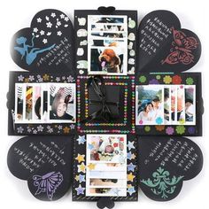 a collage of different pictures and words on a black board with butterflies, flowers, hearts