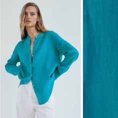 Nwt. Massimo Dutti Turquoise 100% Linen Shirt. Size 2 Turquoise Long Sleeve Blouse, Long Sleeve Turquoise Blouse For Spring, Turquoise Long Sleeve Top For Summer, Casual Long Sleeve Turquoise Blouse, Casual Turquoise Long Sleeve Blouse, Massimo Dutti, Linen Shirt, Blue Green, Color Blue