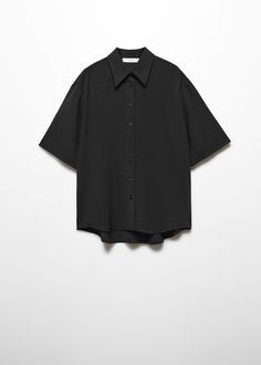 Short-sleeve button-down shirt - Women | Mango USA Casual Collared Shirt With Hidden Button Closure, Casual Collared Shirt With Hidden Buttons, Modern Office Shirt With Button Closure, Modern Collared Blouse With Buttons, Short Sleeve Oversized Button Up, Modern Shirt With Buttons For Office, Modern Shirt With Button Closure For Office, Modern Office Shirt With Buttons, Modern Collared Blouse For Office Wear